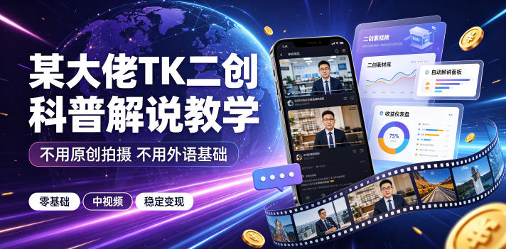 某大佬TK二创科普解说教学，不用原创拍摄不用外语基础，零基础做TikTok中视频稳定变现-吾爱云课堂