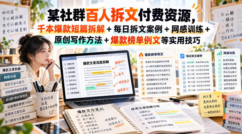 某社群百人拆文付费资源，千本爆款短篇拆解+每日拆文案例+网感训练+原创写作方法+爆款榜单例文等实用技巧(持续更新)-吾爱云课堂