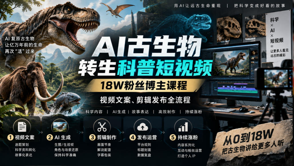 AI古生物转生科普短视频，18W粉丝博主课程，视频文案、剪辑发布全流程-吾爱云课堂