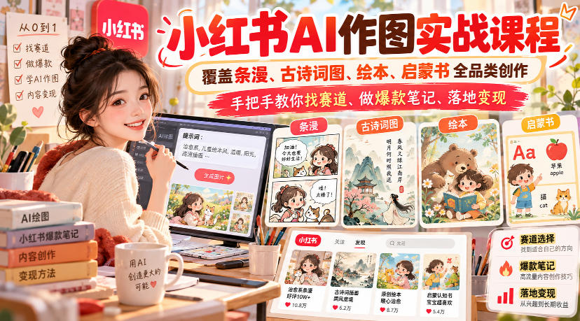 小红书AI作图实战课程，覆盖条漫、古诗词图、绘本、启蒙书全品类创作，手把手教你找赛道、做爆款笔记、落地变现-吾爱云课堂