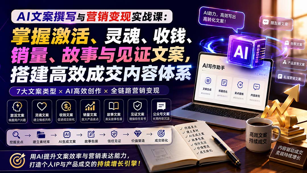 AI文案撰写与营销变现实战课：掌握激活、灵魂、收钱、销量、故事与见证文案，搭建高效成交内容体系-吾爱云课堂