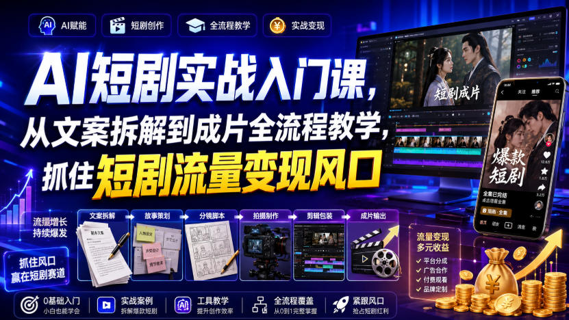 AI短剧实战入门课，从文案拆解到成片全流程教学，抓住短剧流量变现风口-吾爱云课堂