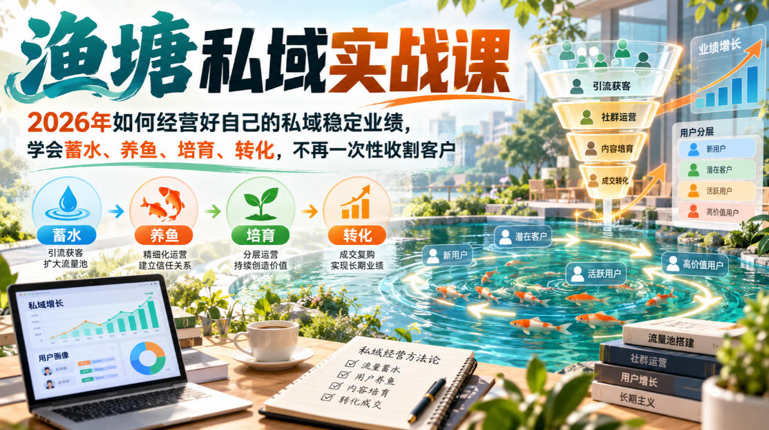渔塘私域实战课，2026年如何经营好自己的私域稳定业绩，学会蓄水、养鱼、培育、转化，不再一次性收割客户-吾爱云课堂