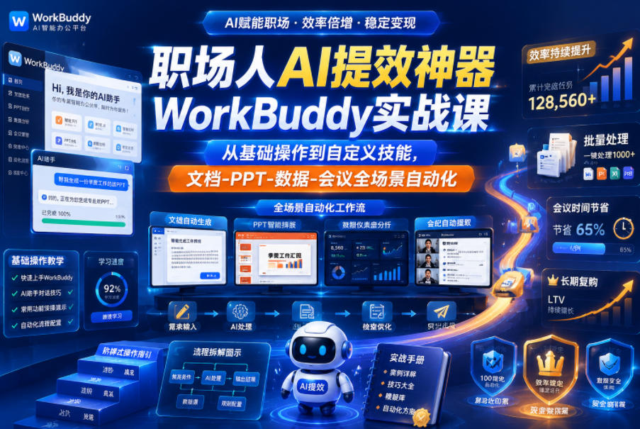 职场人AI提效神器WorkBuddy实战课，从基础操作到自定义技能，文档-PPT-数据-会议全场景自动化-吾爱云课堂