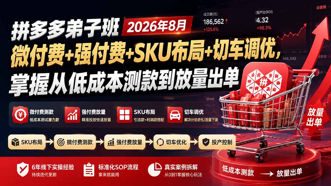 拼多多弟子班2026年8月：微付费+强付费+SKU布局+切车调优，掌握从低成本测款到放量出单-吾爱云课堂