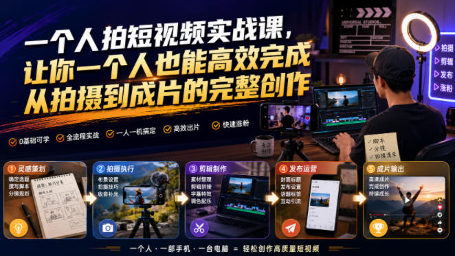 一个人拍短视频实战课，让你一个人也能高效完成从拍摄到成片的完整创作-吾爱云课堂