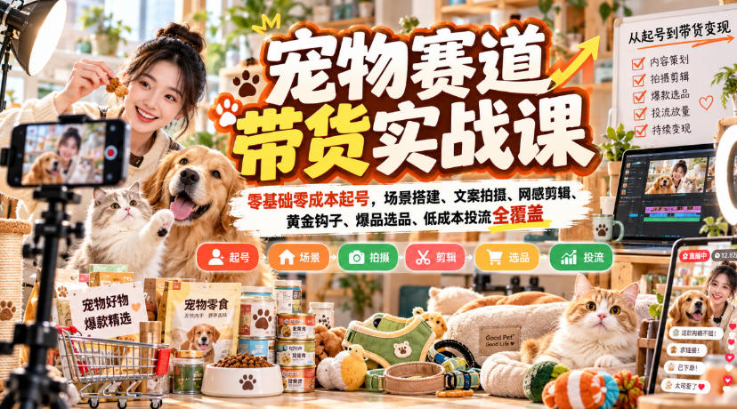 宠物赛道带货实战课，零基础零成本起号，场景搭建、文案拍摄、网感剪辑、黄金钩子、爆品选品、低成本投流全覆盖-吾爱云课堂