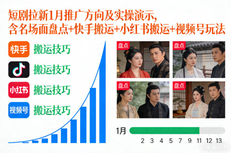 短剧拉新1月推广方向及实操演示，含名场面盘点+快手搬运+小红书搬运+视频号玩法-吾爱云课堂