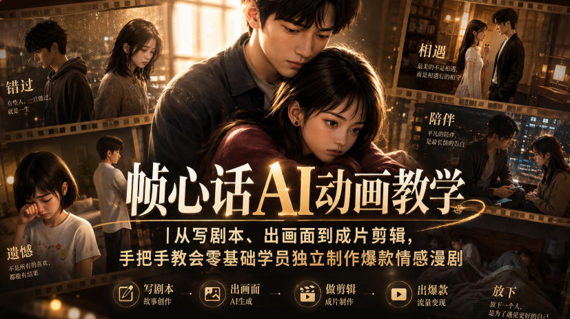 帧心话AI动画教学|从写剧本、出画面到成片剪辑,手把手教会零基础学员独立制作爆款情感漫剧-吾爱云课堂