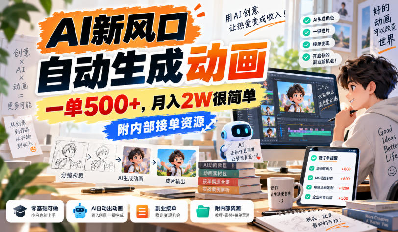 AI新风口，自动生成动画，一单500+，月入2W很简单，附内部接单资源【揭秘】-吾爱云课堂