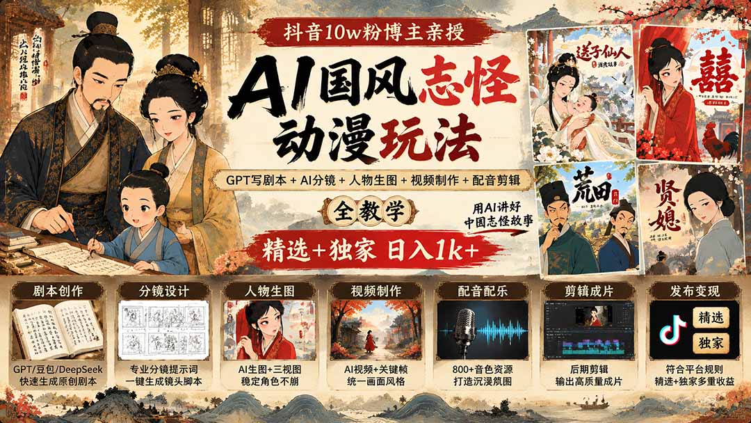 抖音10w粉博主亲授AI国风志怪动漫玩法｜GPT写剧本+AI分镜+人物生图+视频制作+配音剪辑全教学｜精选+独家日入1k+-吾爱云课堂
