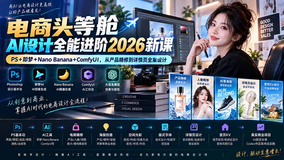 电商头等舱AI设计全能进阶2026新课：PS+即梦+Nano Banana+ComfyUI，从产品精修到详情页全案设计-吾爱云课堂