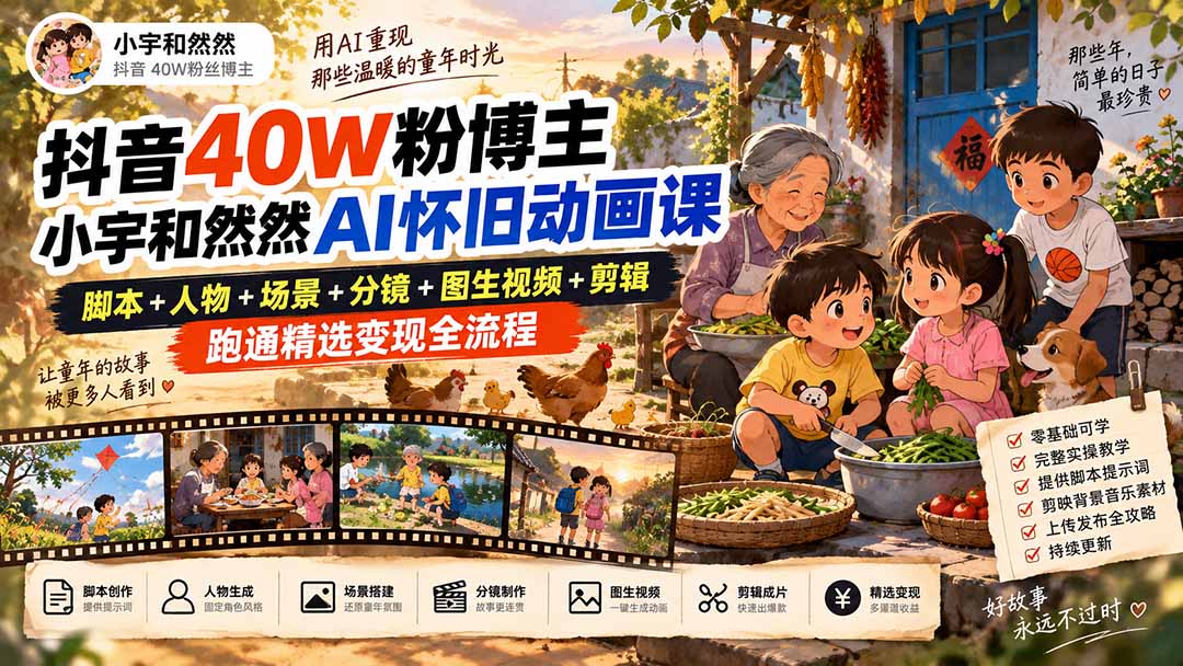 抖音40W粉博主小宇和然然AI怀旧动画课｜脚本+人物+场景+分镜+图生视频+剪辑，跑通精选变现全流程-吾爱云课堂