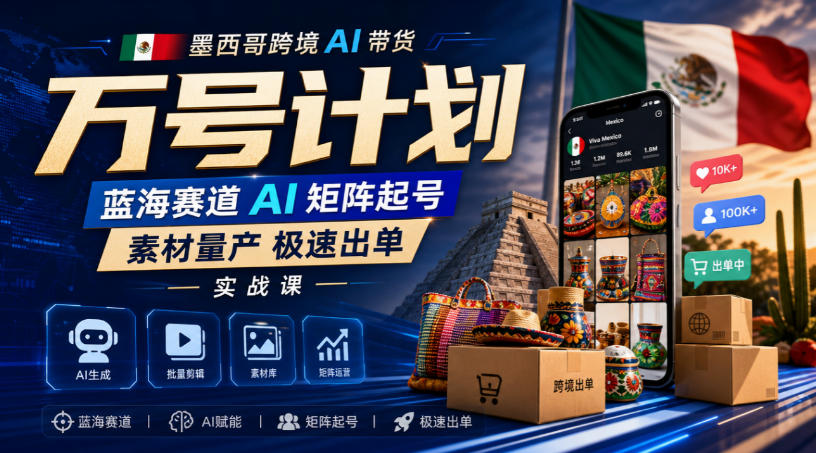 墨西哥跨境AI带货万号计划，蓝海赛道AI矩阵起号，素材量产极速出单实战课-吾爱云课堂