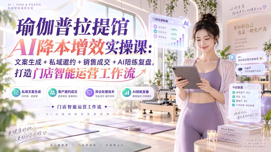 瑜伽普拉提馆AI降本增效实操课：文案生成+私域邀约+销售成交+AI陪练复盘，打造门店智能运营工作流-吾爱云课堂