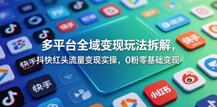 多平台全域变现玩法拆解，抖快红头流量变现实操，0粉零基础变现-吾爱云课堂
