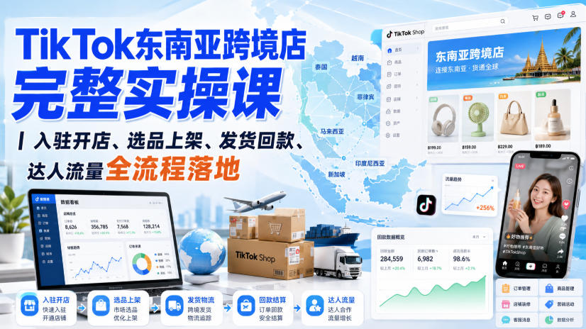 TikTok东南亚跨境店完整实操课｜入驻开店、选品上架、发货回款、达人流量全流程落地-吾爱云课堂