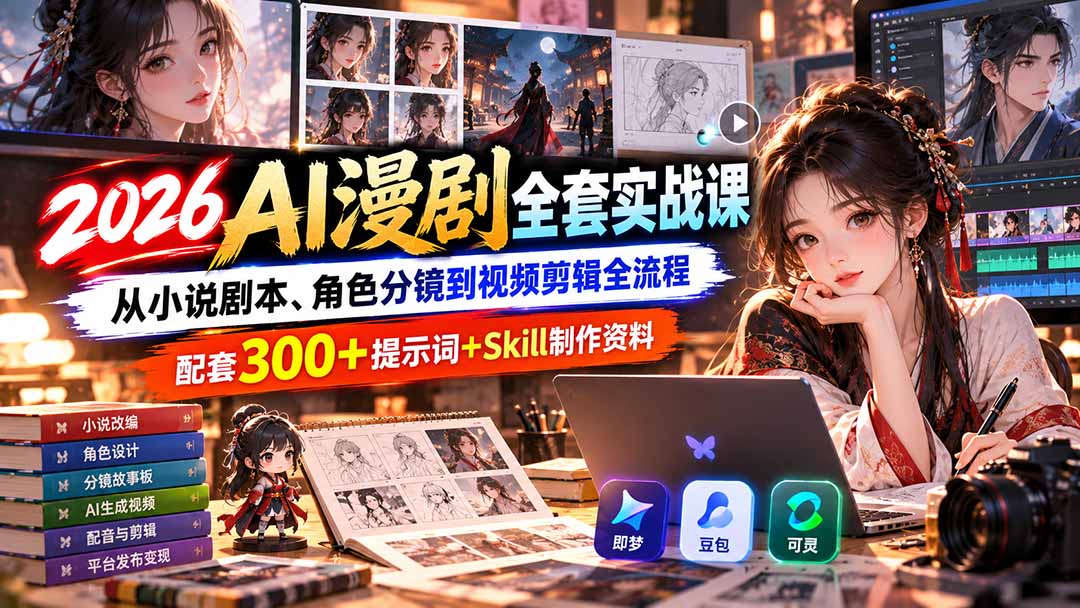 【无水印】2026AI漫剧全套实战课：从小说剧本、角色分镜到视频剪辑全流程，配套300+提示词+Skill制作资料-吾爱云课堂