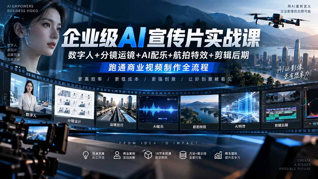 企业级AI宣传片实战课｜数字人+分镜运镜+AI配乐+航拍特效+剪辑后期，跑通商业视频制作全流程-吾爱云课堂