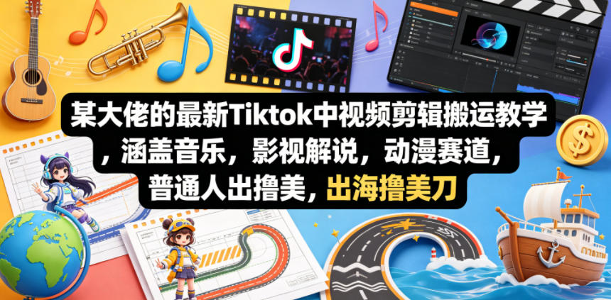某大佬的最新Tiktok中视频剪辑搬运教学，涵盖音乐，影视解说，动漫赛道，普通人出海撸美刀-吾爱云课堂