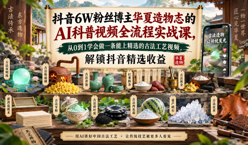 抖音6W粉丝博主华夏造物志的AI科普视频全流程实战课，从0到1学会做一条能上精选的古法工艺视频，解锁抖音精选收益-吾爱云课堂