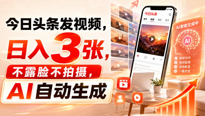 今日头条发视频，日入3张，不露脸不拍摄，AI自动生成-吾爱云课堂
