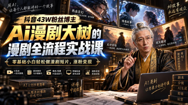 抖音43W粉丝博主Ai漫剧大树的漫剧制作全流程实战课,零基础小白轻松做漫剧短片,涨粉变现-吾爱云课堂