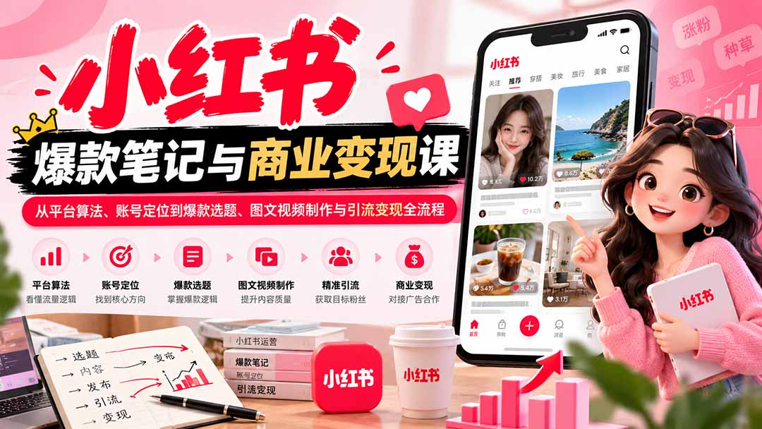 2026小红书爆款笔记与商业变现课：从平台算法、账号定位到爆款选题、图文视频制作与引流变现全流程-吾爱云课堂