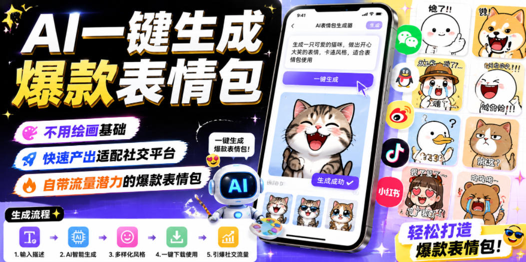 AI一键生成爆款表情包，不用绘画基础，快速产出适配社交平台，自带流量潜力的爆款表情包-吾爱云课堂