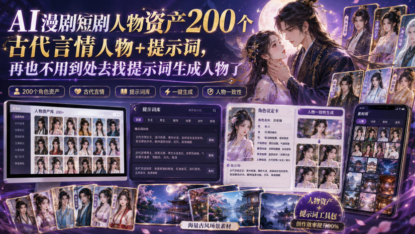 AI漫剧短剧人物资产200个古代言情人物+提示词，再也不用到处去找提示词生成人物了-吾爱云课堂