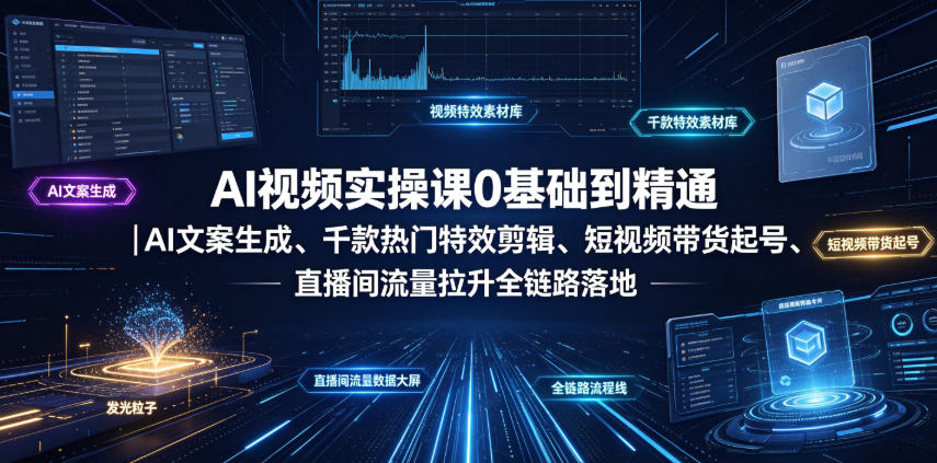 AI视频实操课0基础到精通｜AI文案生成、千款热门特效剪辑、短视频带货起号、直播间流量拉升全链路落地-吾爱云课堂