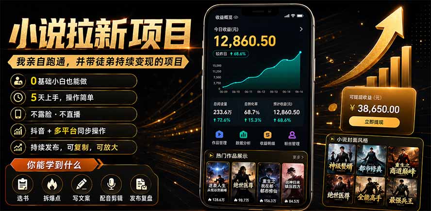 抖音及多平台小说拉新项目：我亲自跑通并持续带徒弟实操｜0基础小白5天上手快速变现-吾爱云课堂