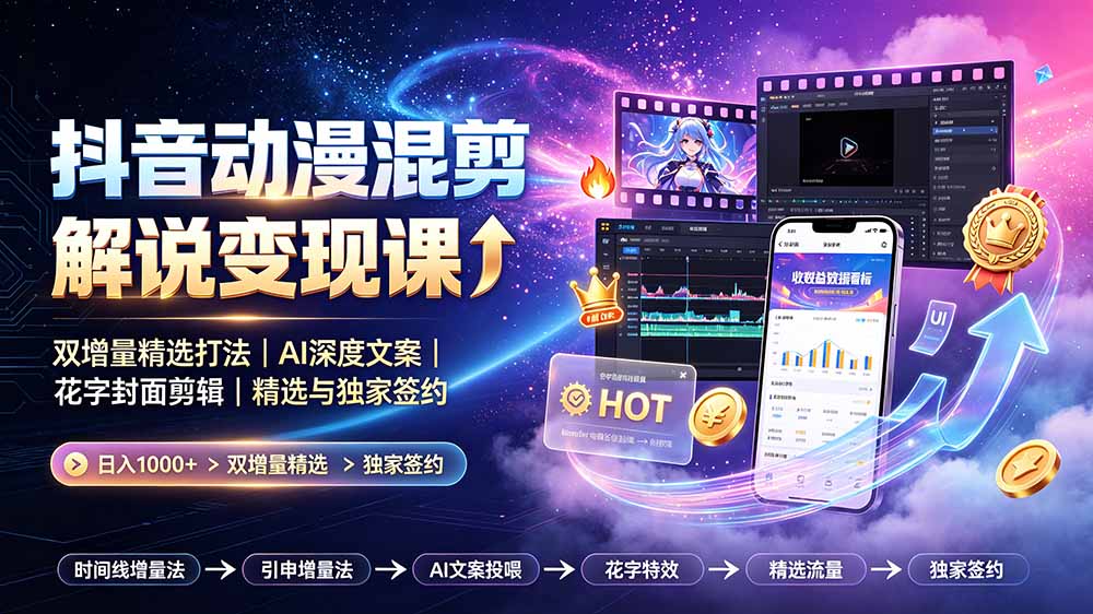 抖音动漫混剪解说变现课：双增量精选打法｜AI深度文案｜花字封面剪辑｜ 精选与独家签约日入1000+-吾爱云课堂
