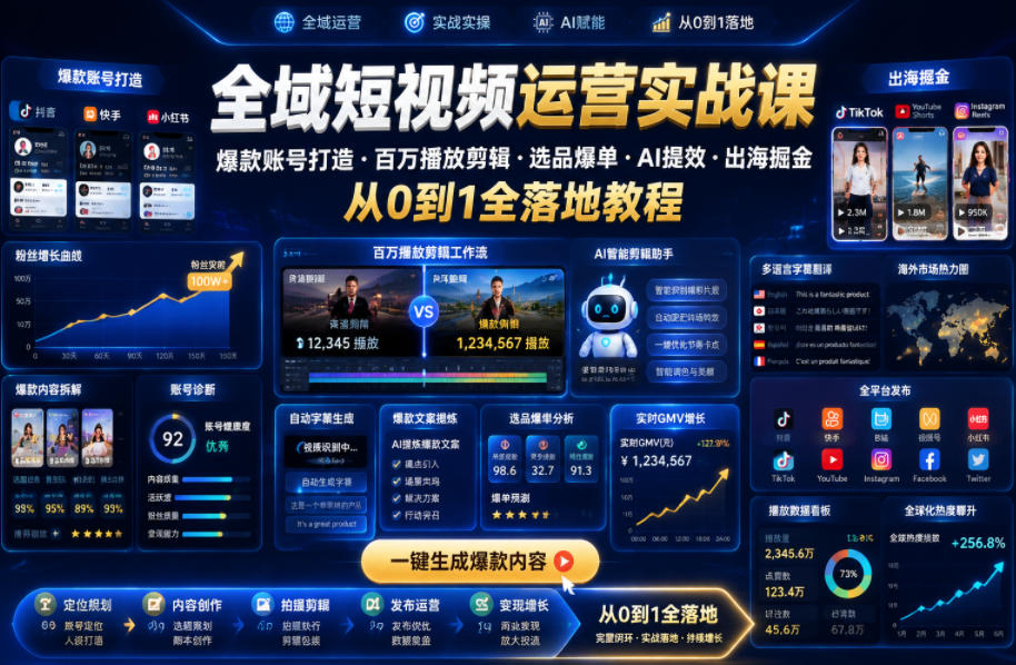 全域短视频运营实战课，爆款账号打造・百万播放剪辑・选品爆单・AI提效・出海掘金，从0到1全落地教程-吾爱云课堂