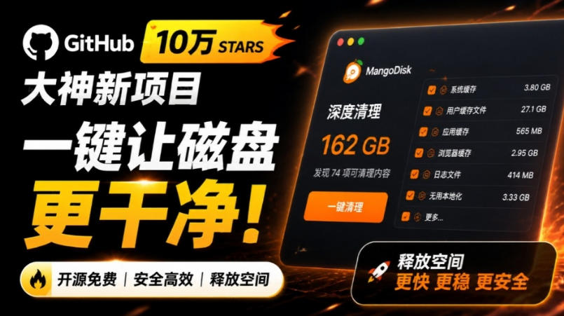 在Gtihub上做出10万stars的大神，又发布新项目了！一键让磁盘更干净，开源免费清理工具MangoDisk-吾爱云课堂
