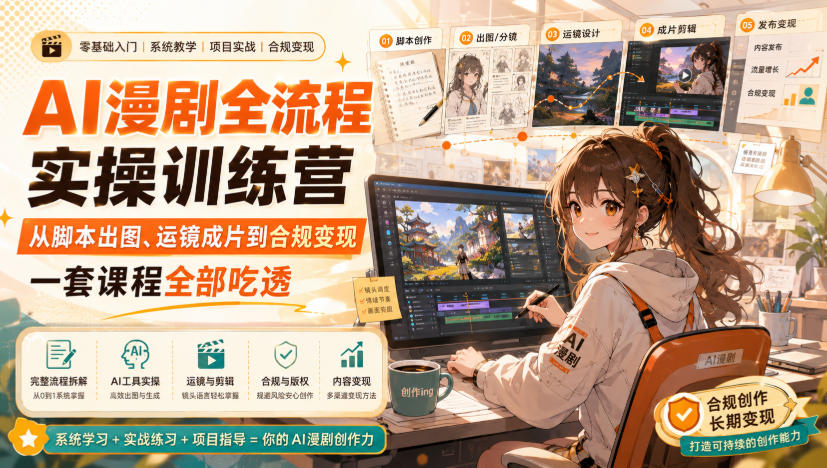 AI漫剧全流程实操训练营，从脚本出图、运镜成片到合规变现，一套课程全部吃透-吾爱云课堂