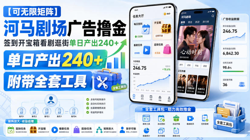 【可无限矩阵】河马剧场广告撸金，签到开宝箱看剧逛街单日产出240+，附带全套工具【揭秘】-吾爱云课堂