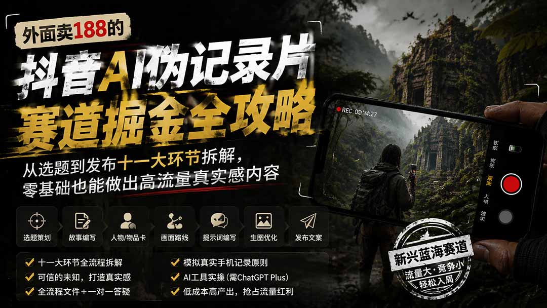 外面卖188的抖音AI伪记录片赛道掘金全攻略；从选题到发布十一大环节拆解，零基础也能做出高流量真实感内容-吾爱云课堂