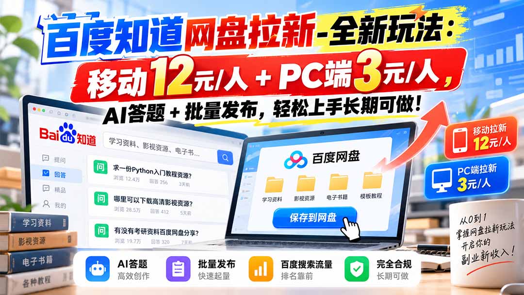 百度知道网盘拉新-全新玩法：移动12元/人+PC端3元/人，AI答题+批量发布，轻松上手长期可做！-吾爱云课堂
