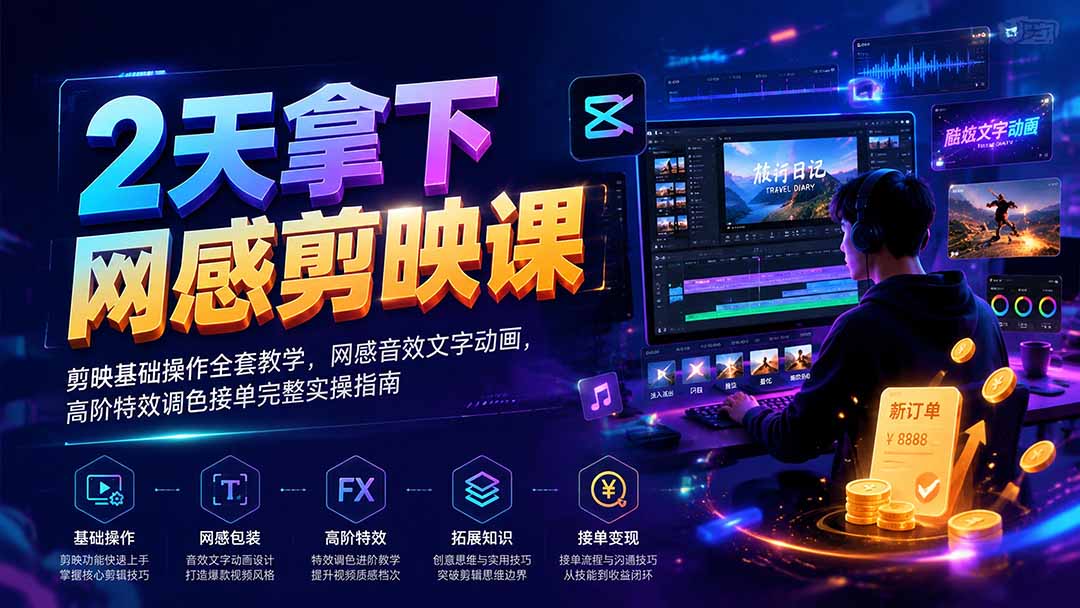 2天拿下网感剪辑课｜剪映基础操作全套教学，网感音效文字动画，高阶特效调色接单完整实操指南-吾爱云课堂