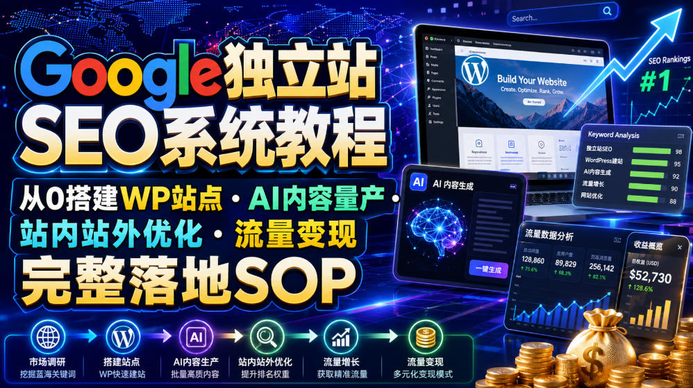 Google独立站SEO系统教程,从0搭建WP站点・AI内容量产・站内站外优化・流量变现完整落地SOP(2026年7月)-吾爱云课堂