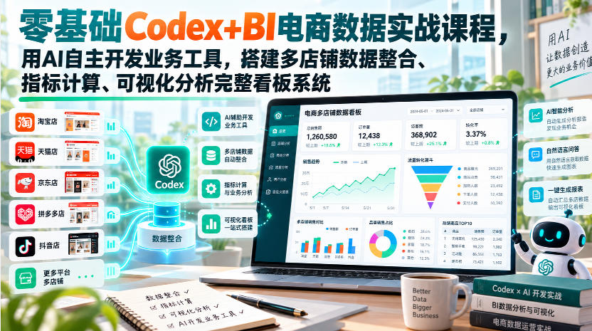 零基础Codex+BI电商数据实战课程，用AI自主开发业务工具，搭建多店铺数据整合、指标计算、可视化分析完整看板系统-吾爱云课堂
