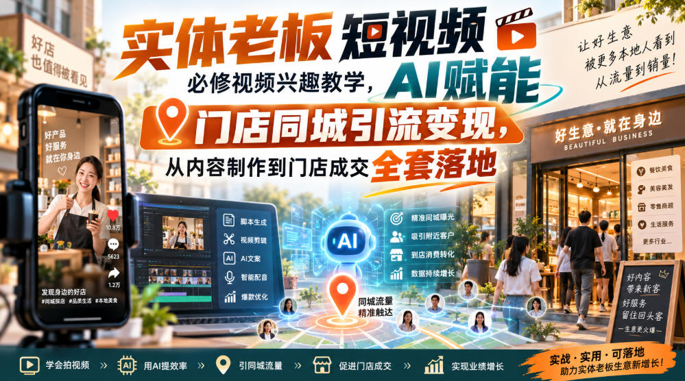 实体老板短视频必修视频兴趣教学，AI赋能门店同城引流变现，AI+短视频+直播打爆实体客流量-吾爱云课堂