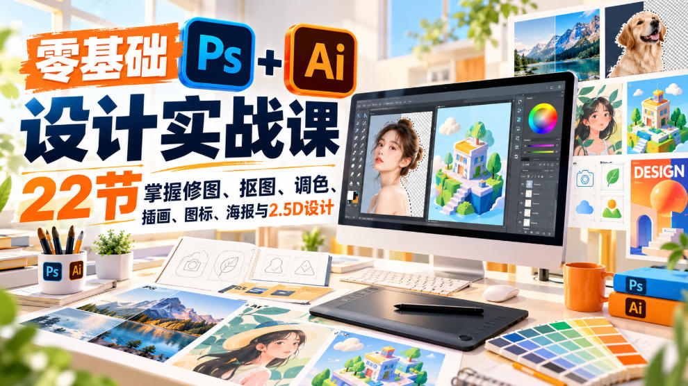 【无水印】零基础PS+AI设计实战课｜22节掌握修图、抠图、调色、插画、图标、海报与2.5D设计-吾爱云课堂