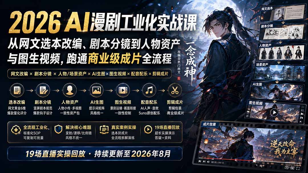 2026 AI漫剧工业化实战课-更新：从网文选本改编、剧本分镜到人物资产与图生视频，跑通商业级成片全流程-吾爱云课堂