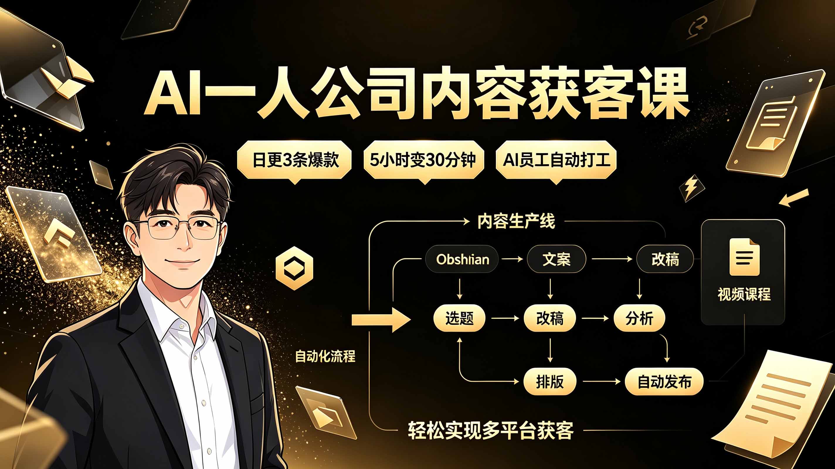 AI一人公司内容获客课：日更3条爆款×5小时变30分钟×AI员工自动打工，轻松实现多平台获客-吾爱云课堂