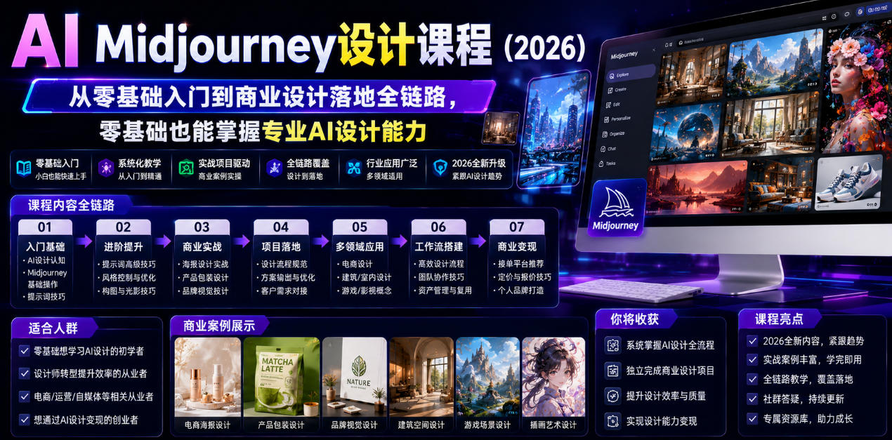 AI Midjourney设计课程(2026)，从零基础入门到商业设计落地全链路，零基础也能掌握专业AI设计能力(更新0913)-吾爱云课堂