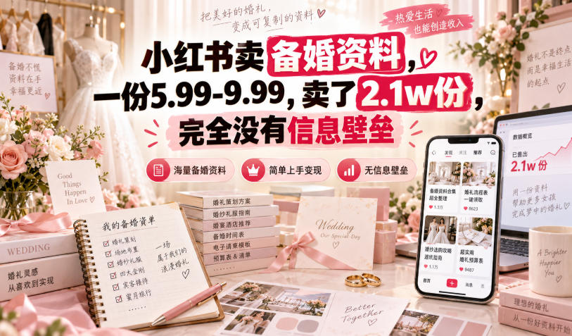小红书卖备婚资料，一份5.99-9.99，卖了2.1w份，完全没有信息壁垒-吾爱云课堂