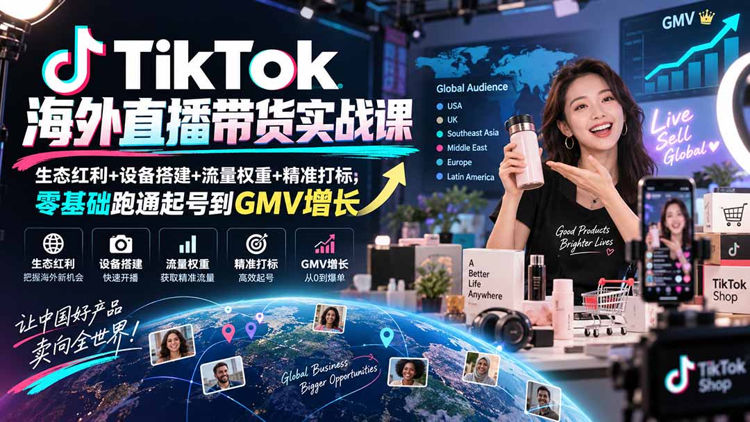 TikTok海外直播带货实战课｜生态红利+设备搭建+流量权重+精准打标，零基础跑通起号到GMV增长-吾爱云课堂