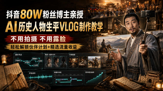 抖音80W粉丝博主的AI历史人物生平VLOG教学，不用拍摄不用露脸，AI帮你搞定，轻松解锁伙伴计划+精选收益-吾爱云课堂